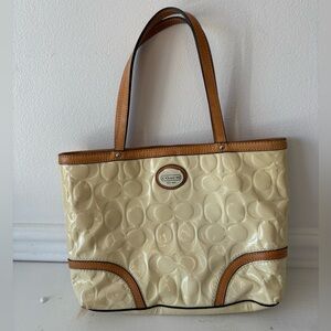 Coach Beige and Brown Patent Leather Tote